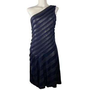 Escada Draped One Shoulder Navy Metallic Dress 42